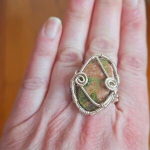 Unakite Gemstone Ring Wrapped In Silver Wire, Sz 8